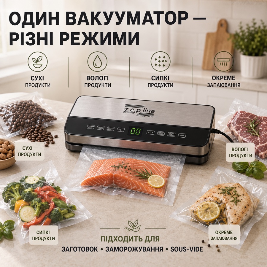 Чотири режими вакууматора Zepline ZP-00359: сухі, вологі, сипкі продукти та окреме запаювання