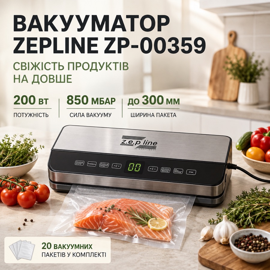 Характеристики вакууматора Zepline ZP-00359: 200 Вт, 850 мбар, ширина пакета до 300 мм, 20 пакетів у комплекті